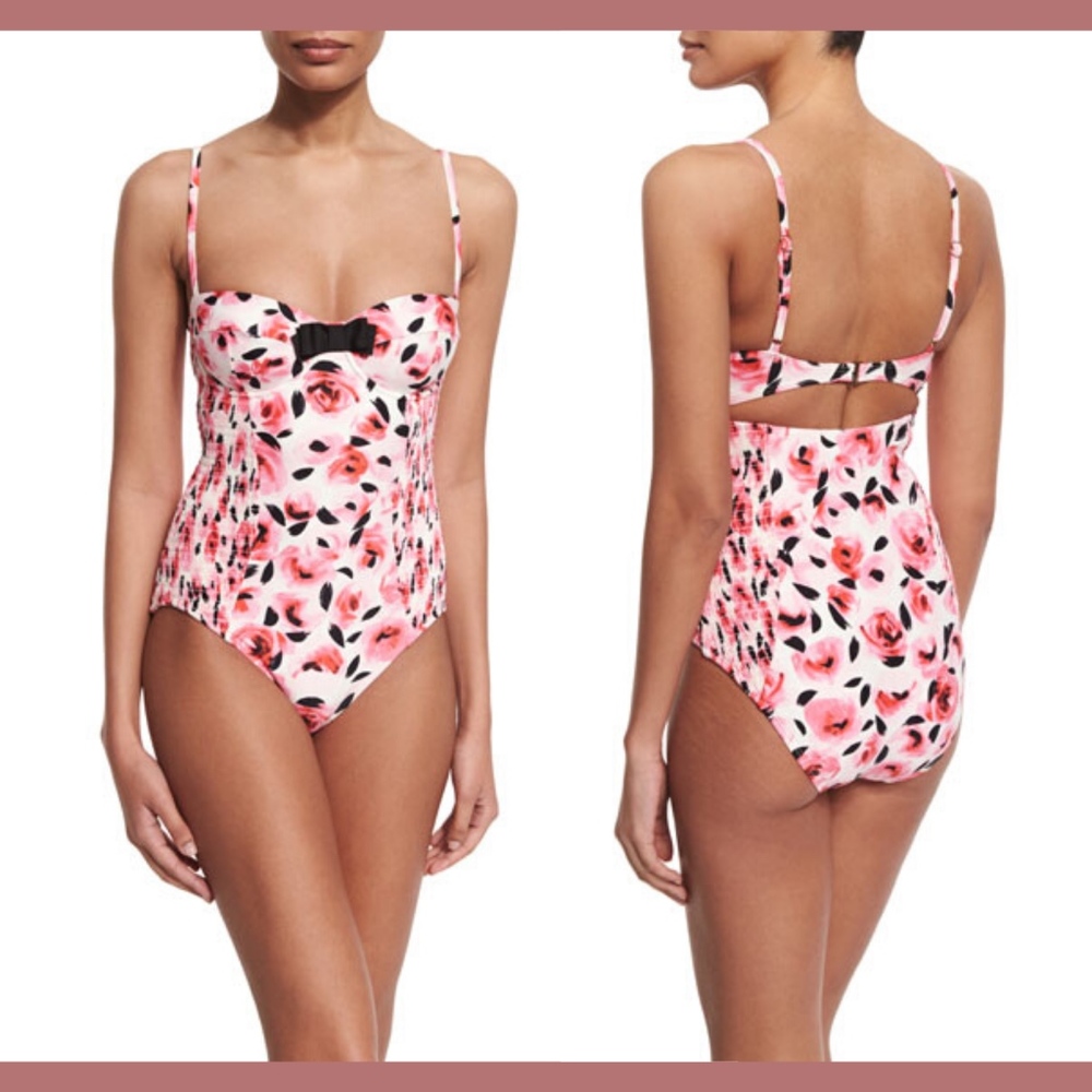 NWT $160 Kate Spade Bay‎ of Roses Smocked One piece Swimsuit [SZ XS ]